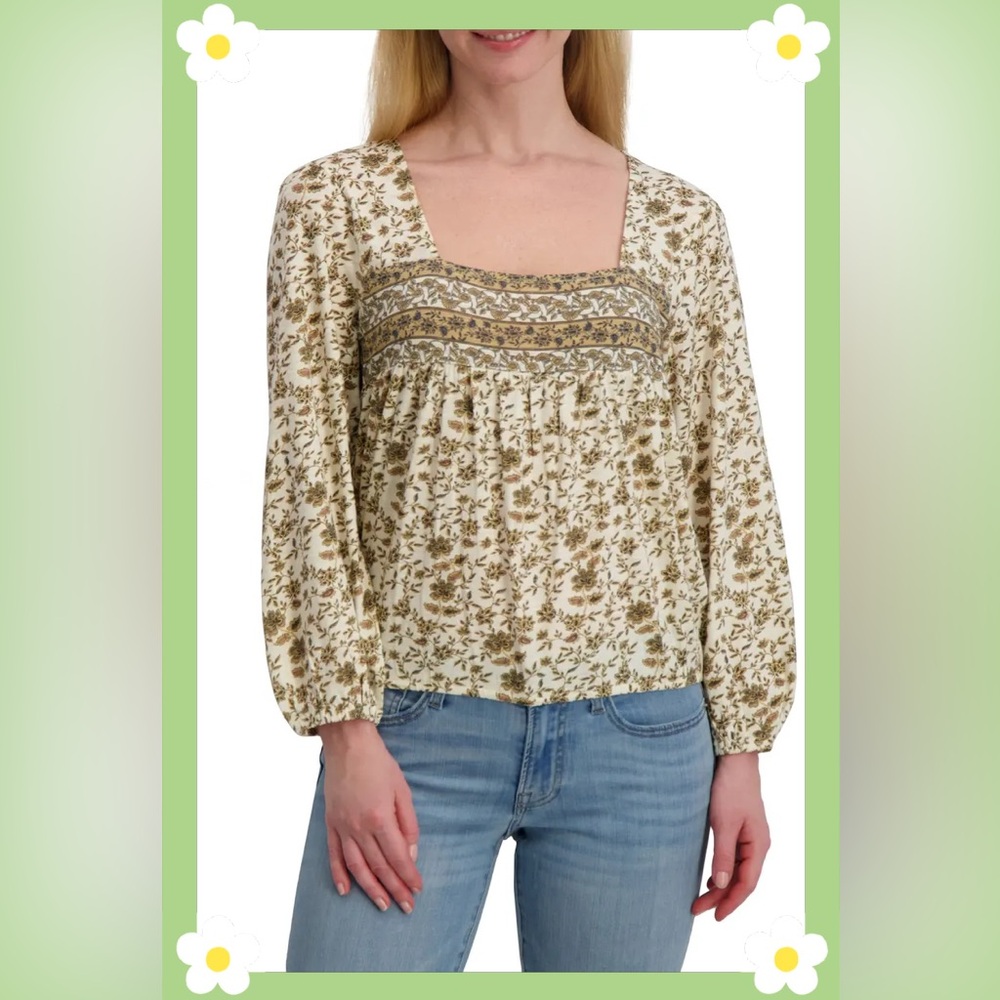 Lucky Brand Cotton Floral Long Sleeve Bubble Hem Top Cream L Boho Cottagecore